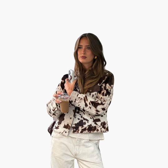 Cow Print Denim Jacket – Women's Western Button-Up Coat