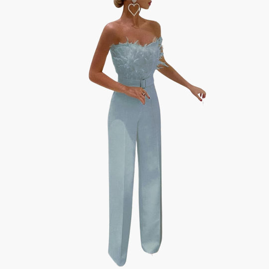 Women’s strapless feather top jumpsuit with wide-leg trousers