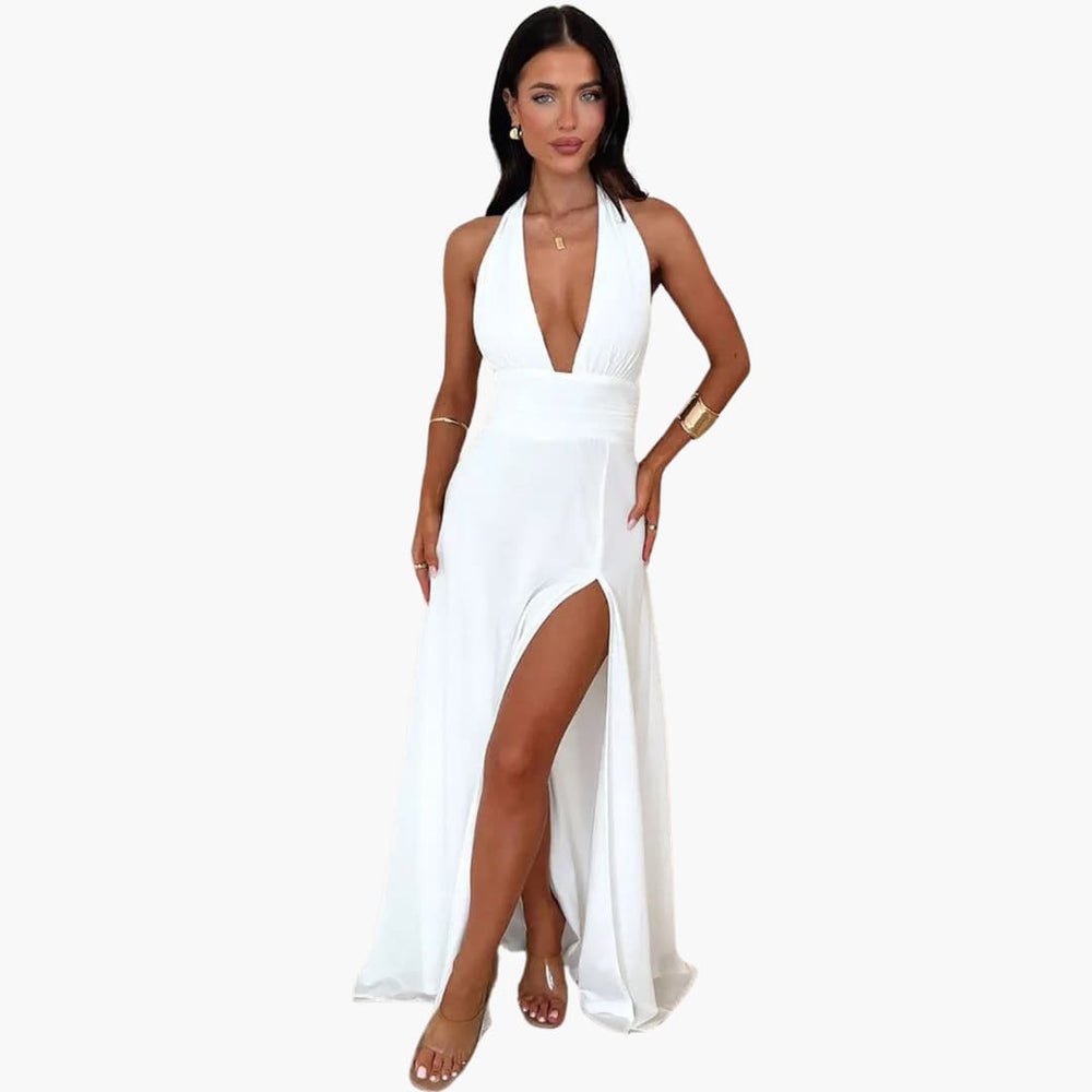 V Neck Maxi Dress for Women - Halter Neck High Slit Style