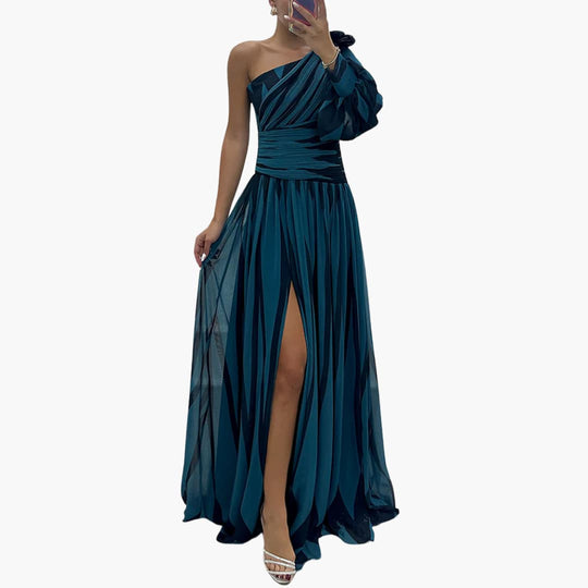 One Shoulder Maxi Dress for Women - Elegant Striped Slit