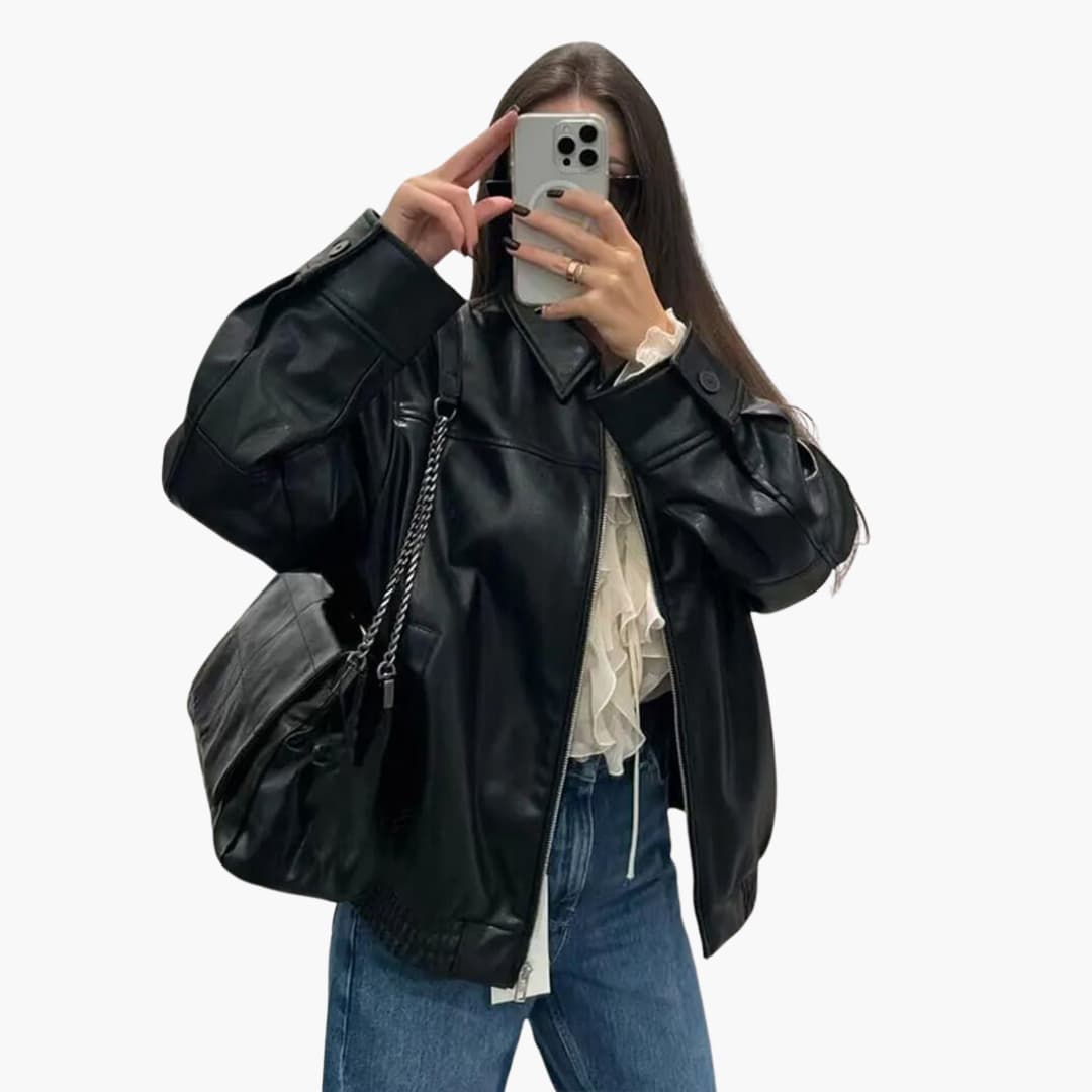 Faux Leather Zip Jacket - Women's Chic All-Season Style