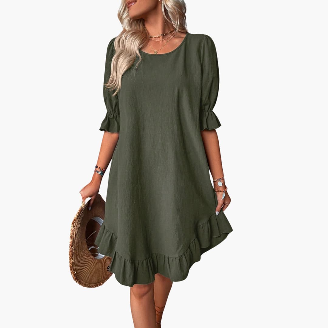 Summer Dress - Women’s Puff Sleeve Ruffle Hem Casual Fit