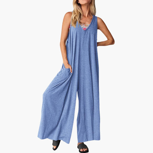 Women’s all-season sleeveless jumpsuit with wide-leg cut and pockets