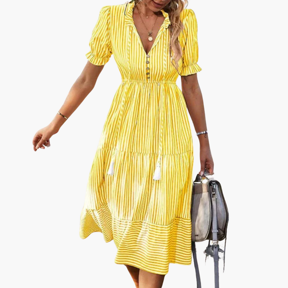 Striped V-Neck Dress with Puff Sleeves - Women's Tiered Hem