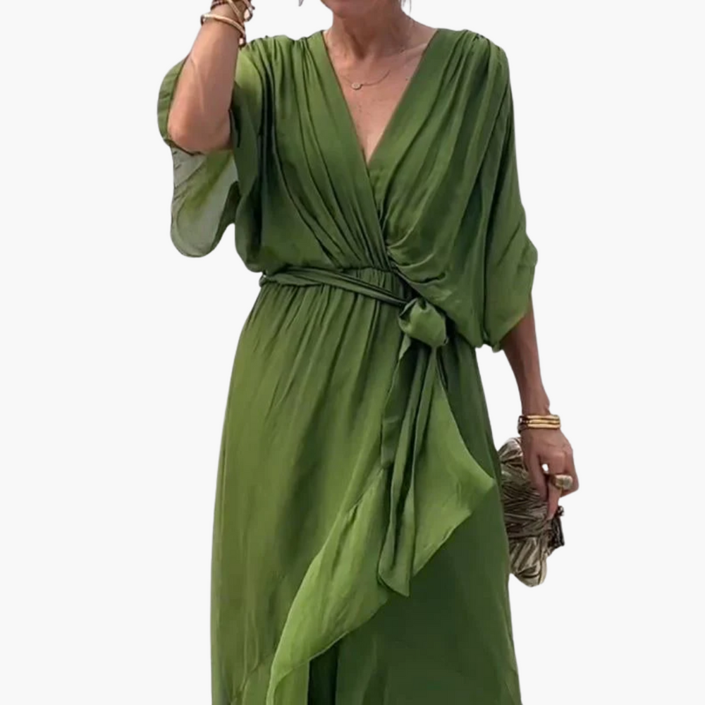 Chiffon Midi Dress with V-Neck and Belt - Women’s Stylish Wear
