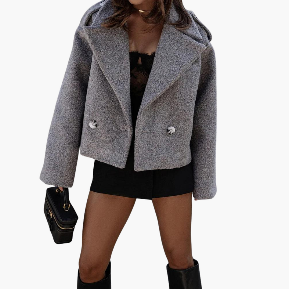 Chic Wool Blend Cropped Jacket - Oversized Elegance for Women