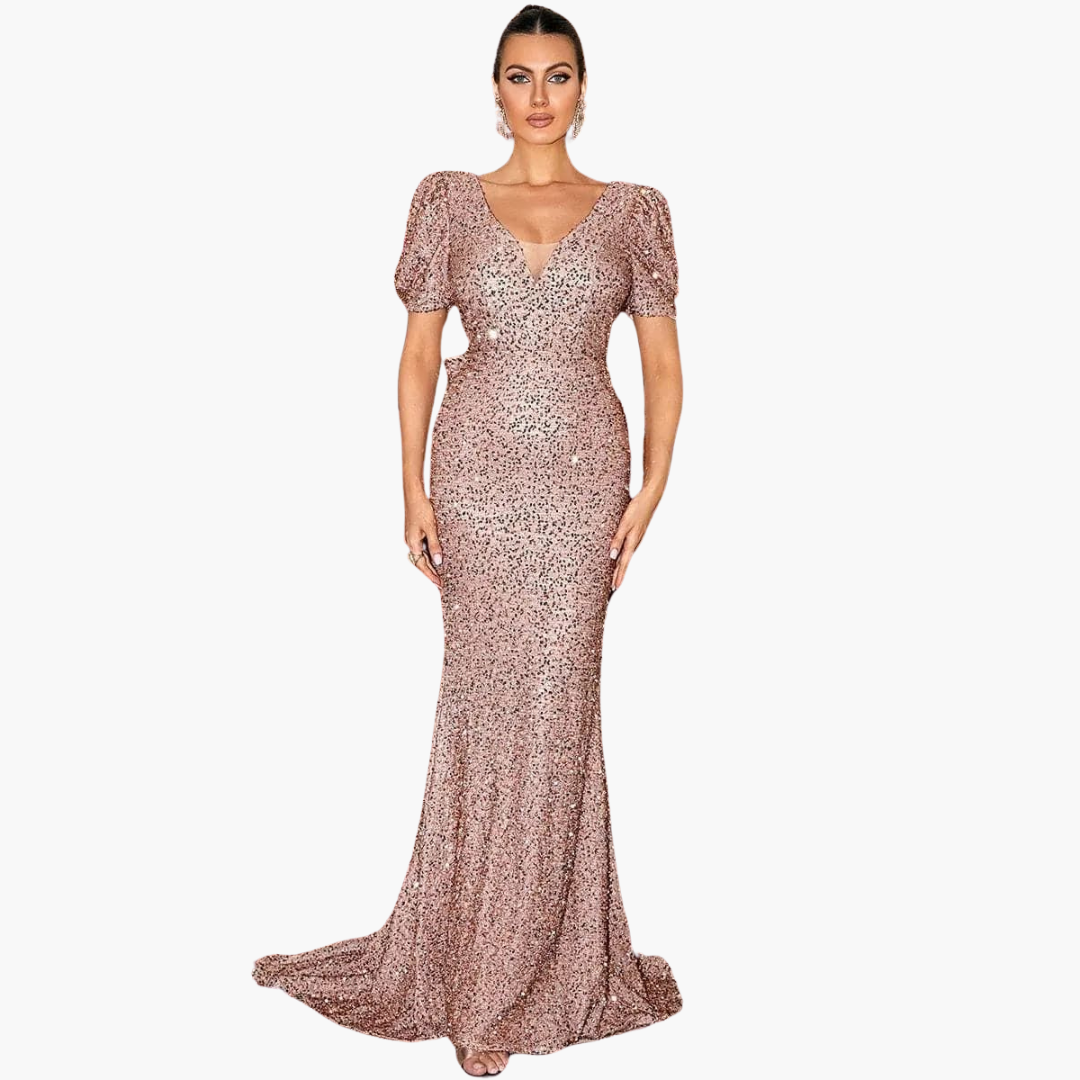 Evening dress with puff - sleeves & sequins for women V-neck maxi