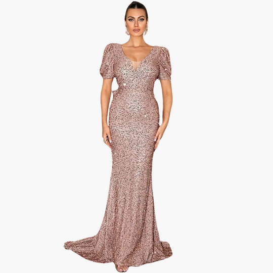 Evening dress with puff - sleeves & sequins for women V-neck maxi