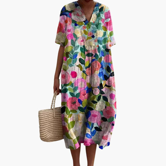 Women's floral summer dress with V-neck and short sleeves