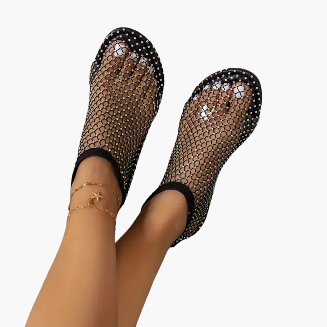 Women's mesh cutout sandals with cushioned insole and flat sole