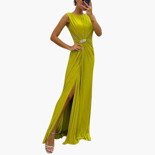 Pleated Maxi Evening Dress for Women - Slit & Brooch Detail