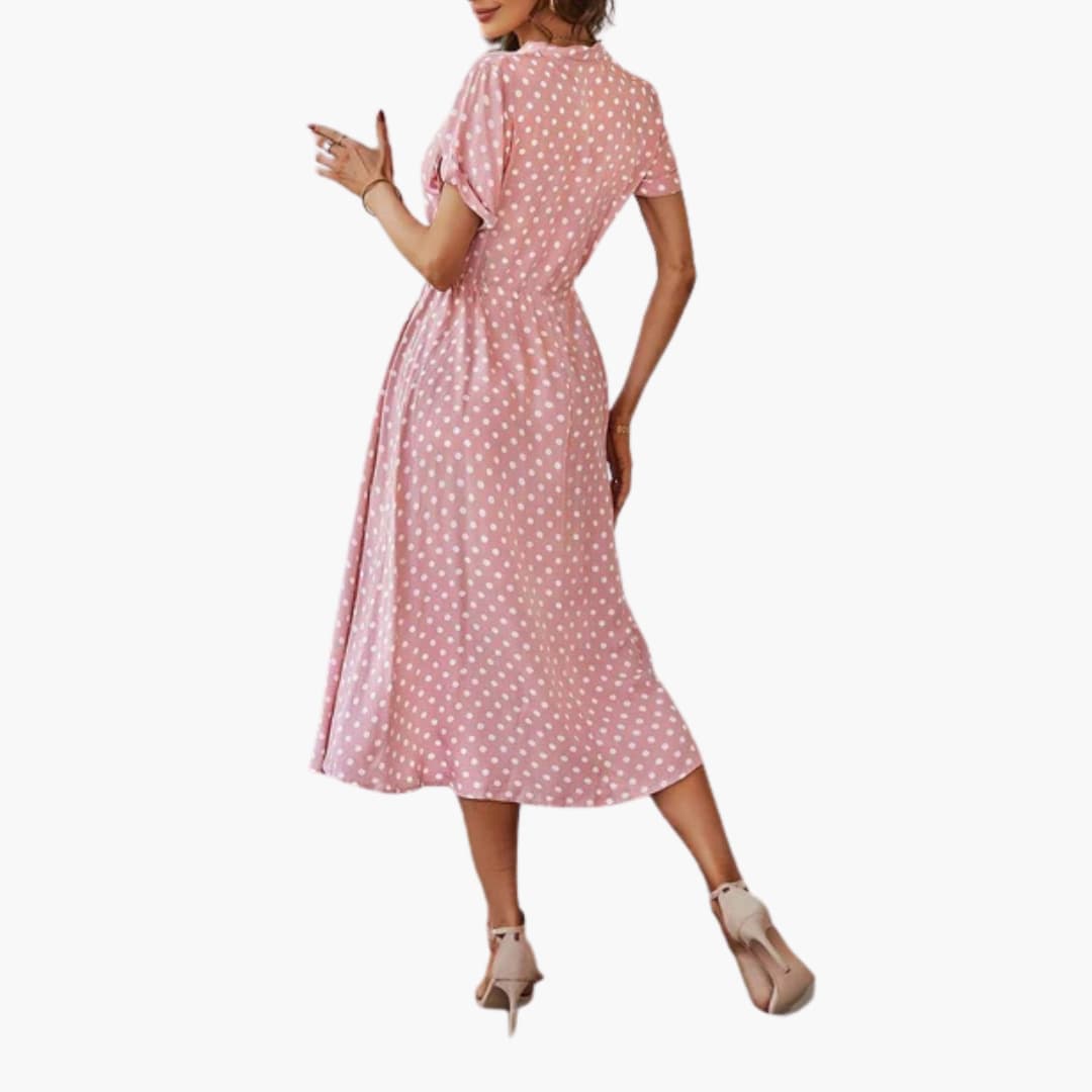 Women’s midi dress with short sleeves and button front