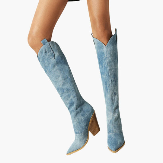 Women’s knee-high boots with block heel and denim finish