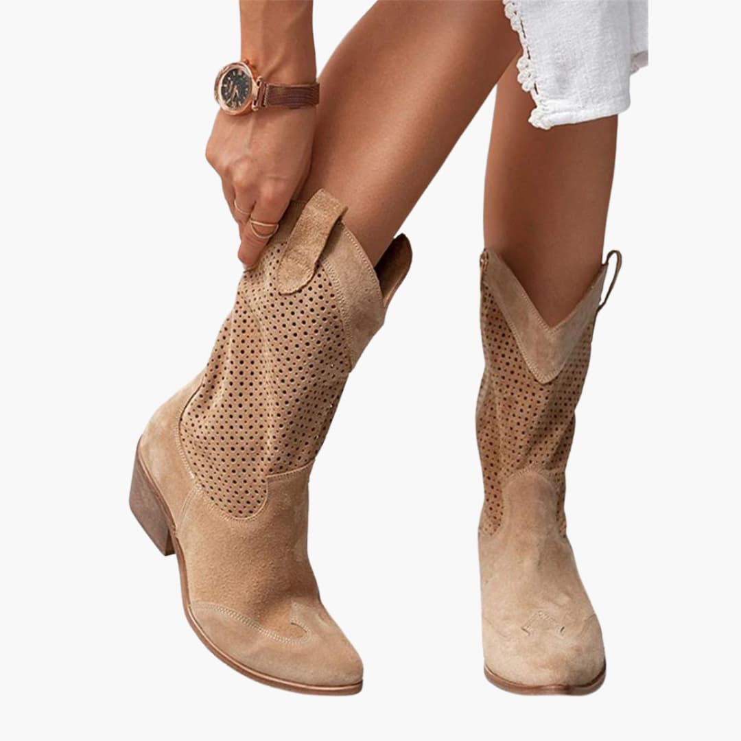 Women’s mid-calf boots with perforated panels and side zip