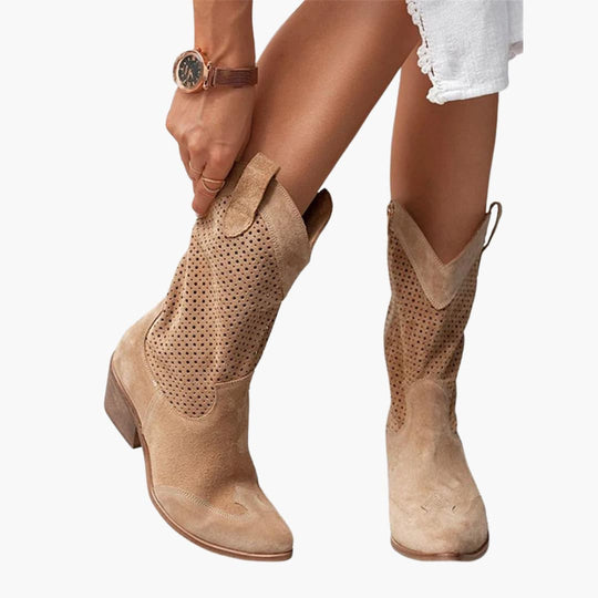 Women’s mid-calf boots with perforated panels and side zip