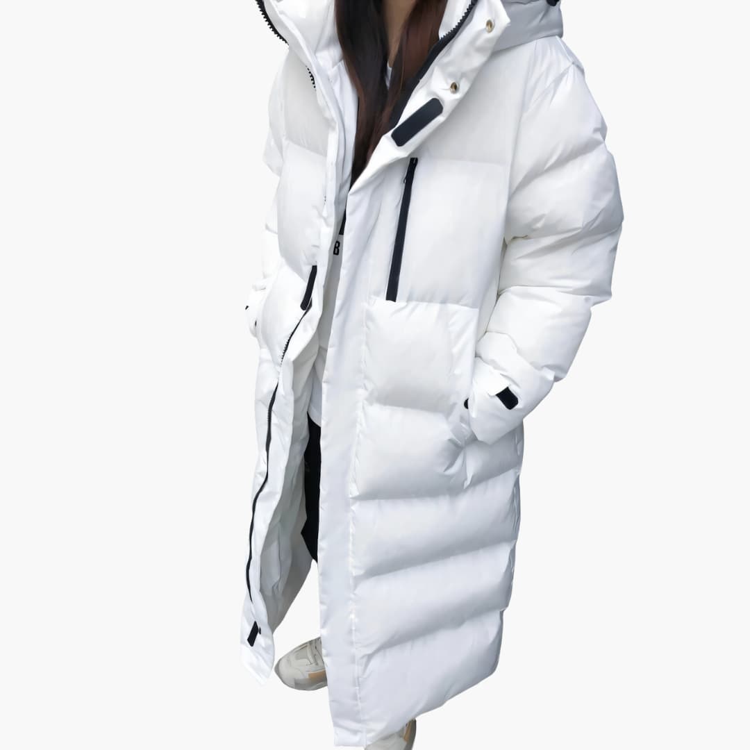 Women's long winter puffer jacket with hood and zip pockets