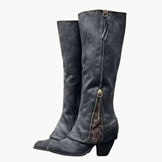 Women’s knee high boots with block heel and pointed toe
