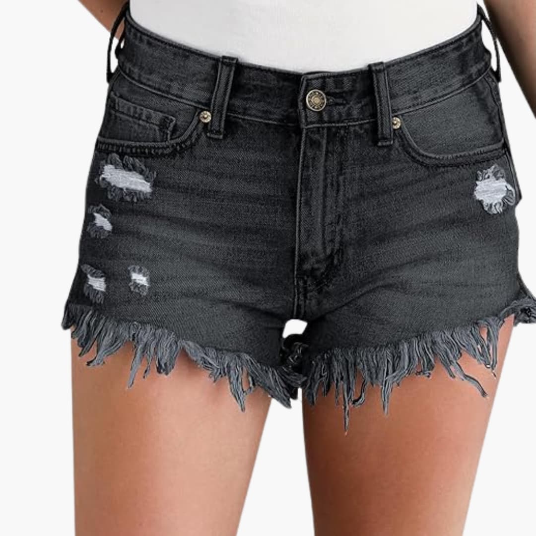 Women's denim shorts with high waist and ripped details