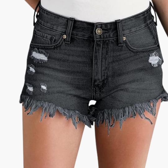 Women's denim shorts with high waist and ripped details
