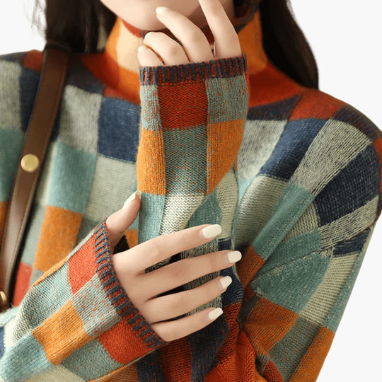 Patchwork Turtleneck Sweater for Women – Cozy Winter Style