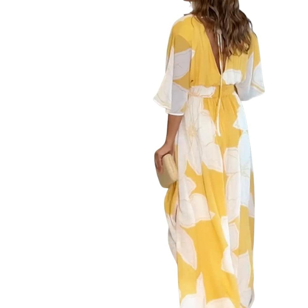 Women’s floral summer dress with V-neck and wide sleeves