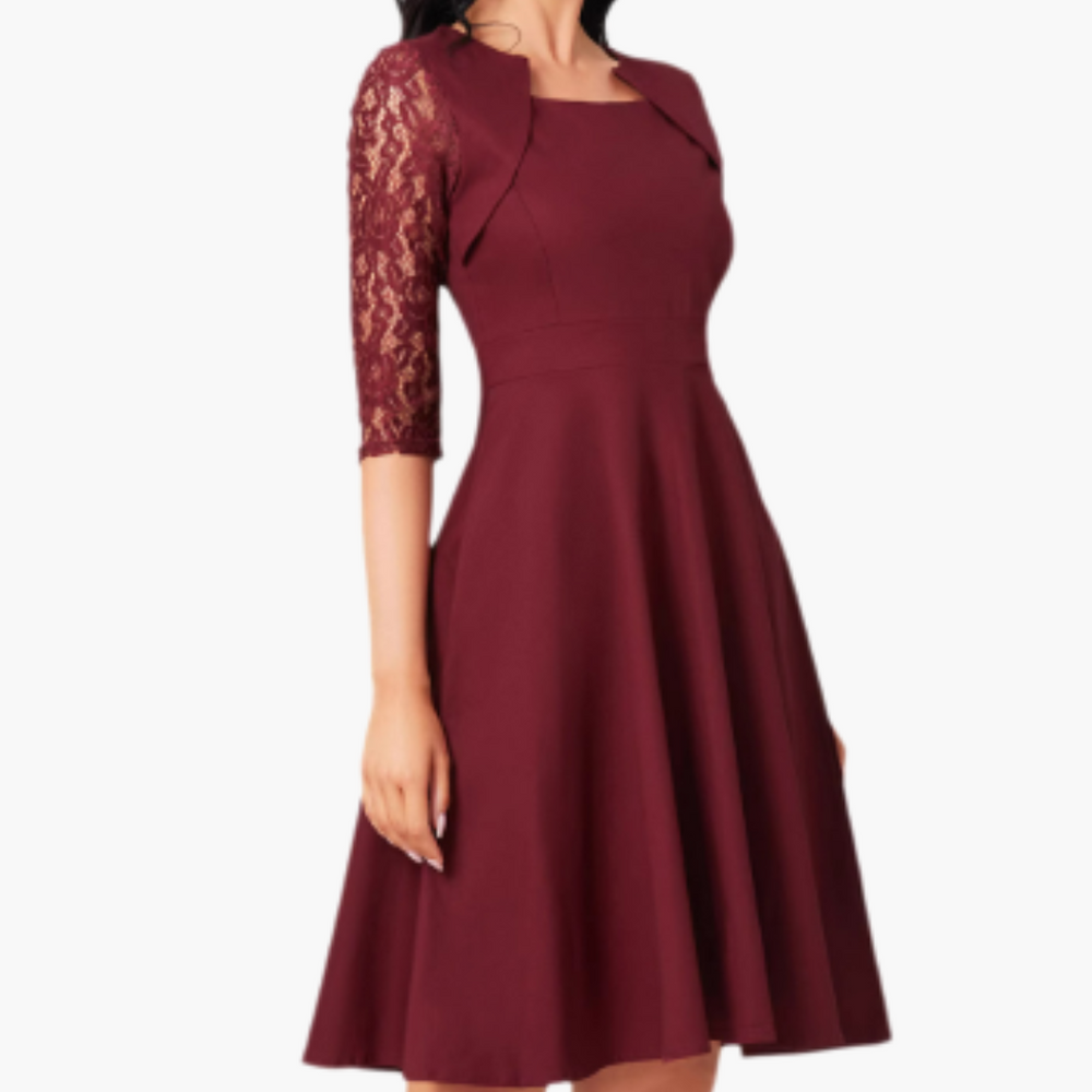 Elegant Dress for Women - Lace Sleeves & Flared Skirt