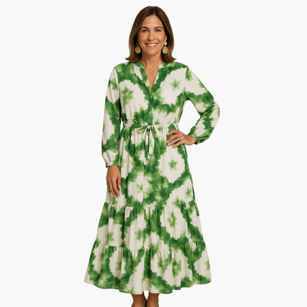 Elegant Tie Waist Maxi Dress for Women – V-Neck & Long Sleeve