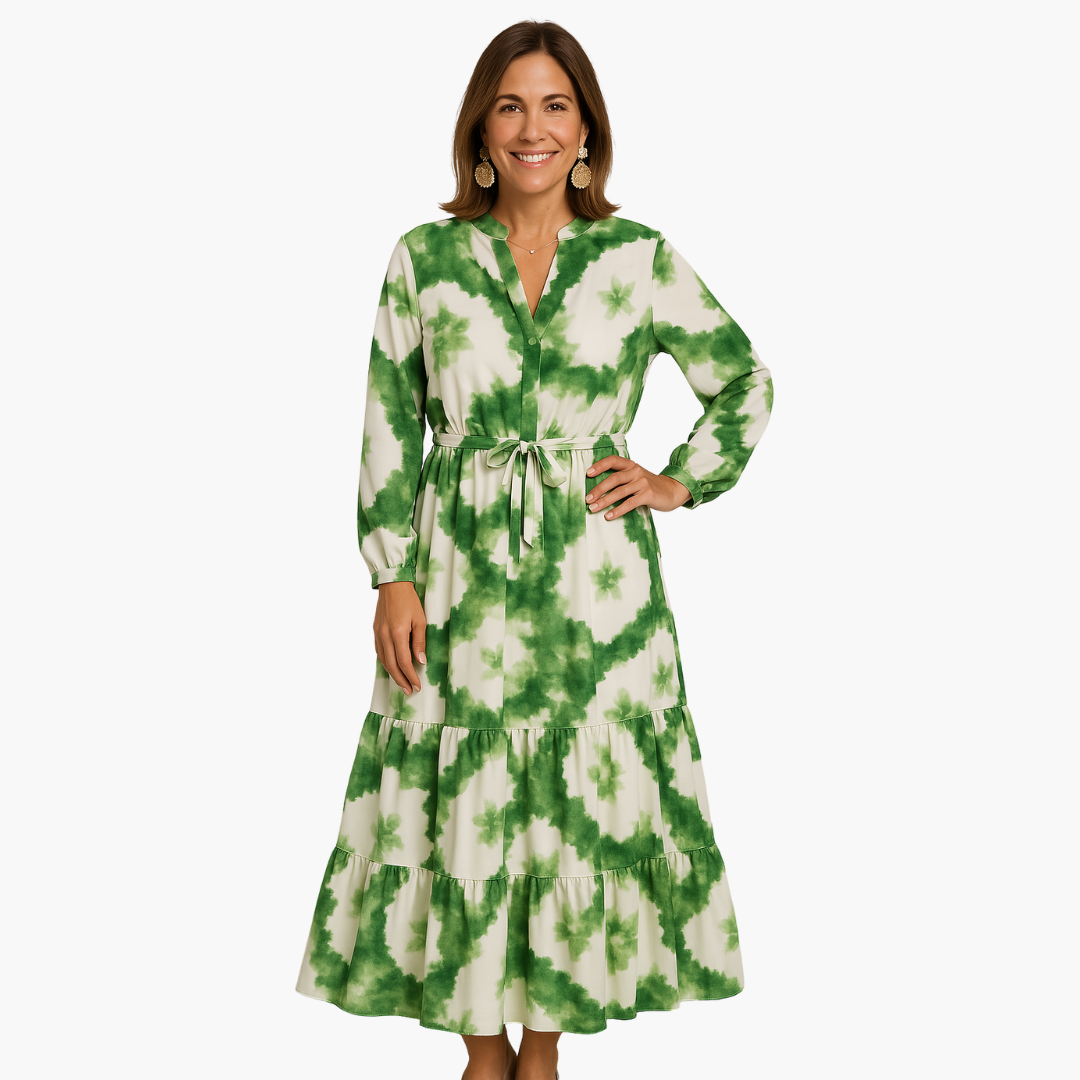Elegant Tie Waist Maxi Dress for Women – V-Neck & Long Sleeve