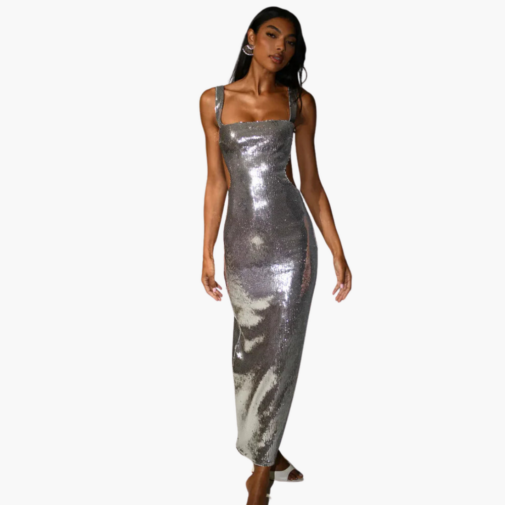 Sequin Square Neck Gown – Women's Elegant Evening Dress