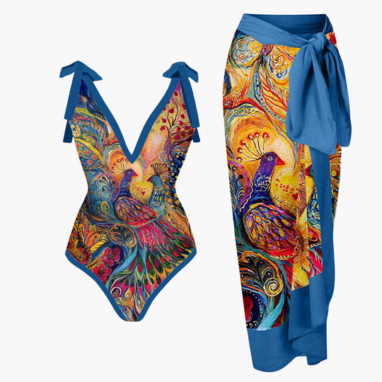 Floral One-Piece Swimsuit Set - for Women with Sarong