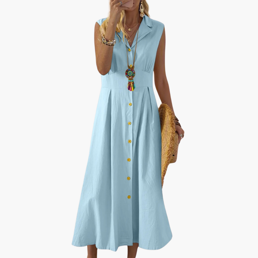 Button-Down Collared Midi Dress – Women's V-Neck Summer Style - IsabellaMae