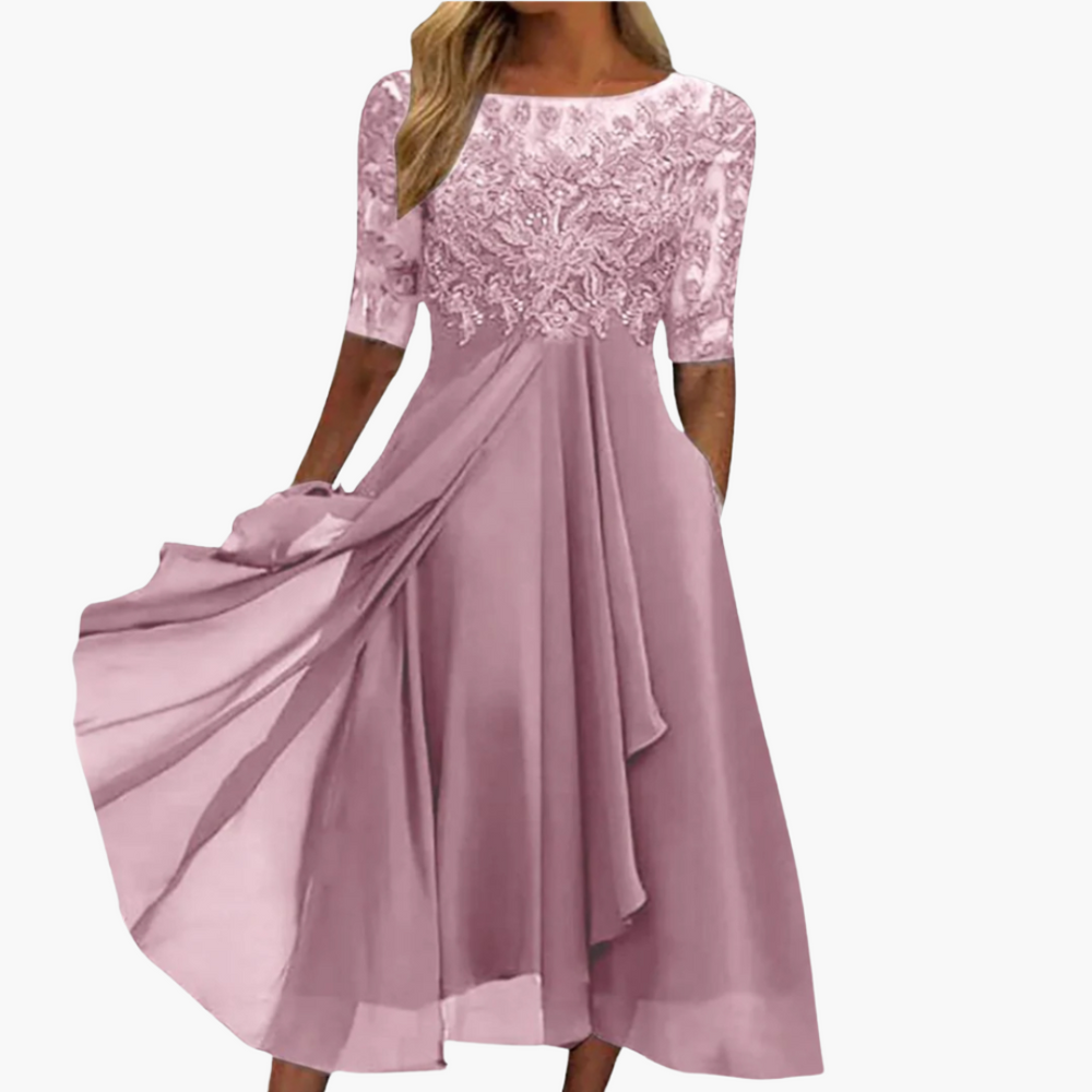 Embroidered Lace Dress for Women - Midi with Sheer Sleeves