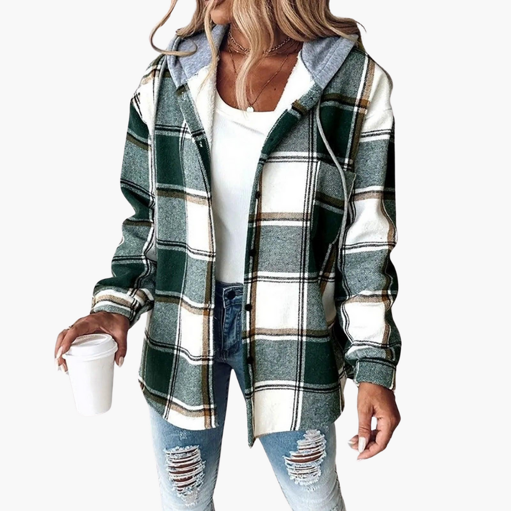 Plaid Flannel Shacket - Women's Hooded Button-Up Jacket