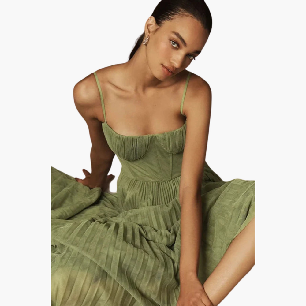 Pleated Midi Dress for Women - Bustier Top & Summer Style