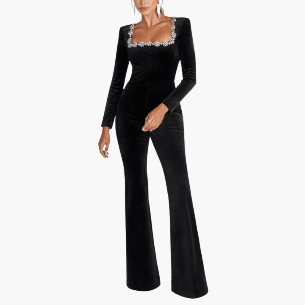 Velvet Evening Jumpsuit – Women's Embellished Square Neck