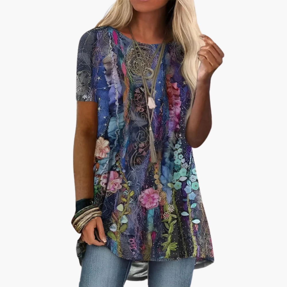 Multicolored Women's Blouse - Floral Design with Short Sleeves