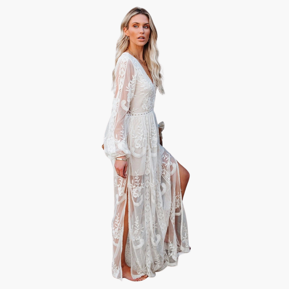 Elegant V-Neck Lace Maxi Dress - for Women in Classic Style