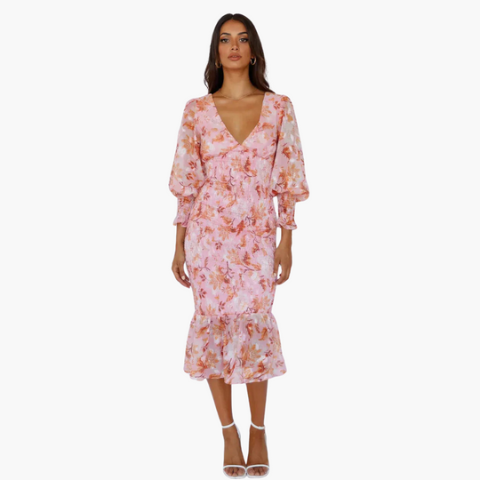 Puff Sleeve Midi Dress for Women - V Neck Floral Style
