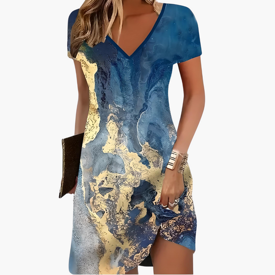 Women’s cocktail dress with V-neck and short sleeves