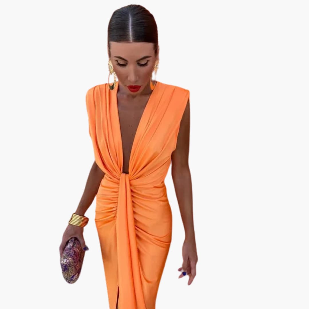 Elegant Pleated Midi Dress - Women's Formal Evening Wear