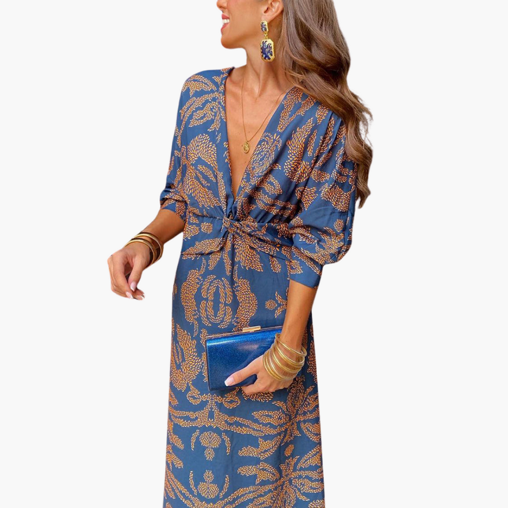Printed Twist Front Midi Dress for Women – V-Neck & Long Sleeve