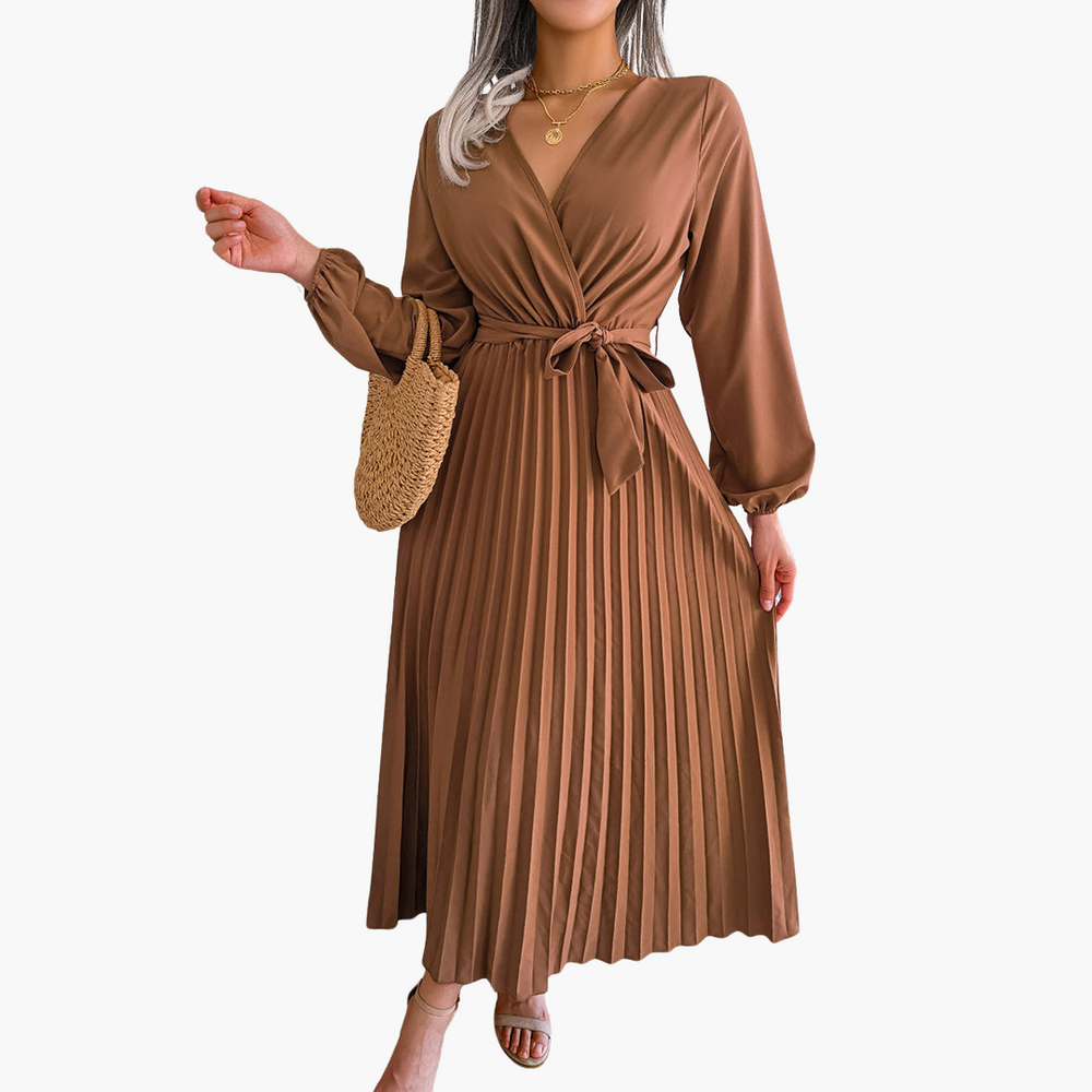 Elegant Pleated Maxi Dress for Women - Long Sleeve Wrap Dress