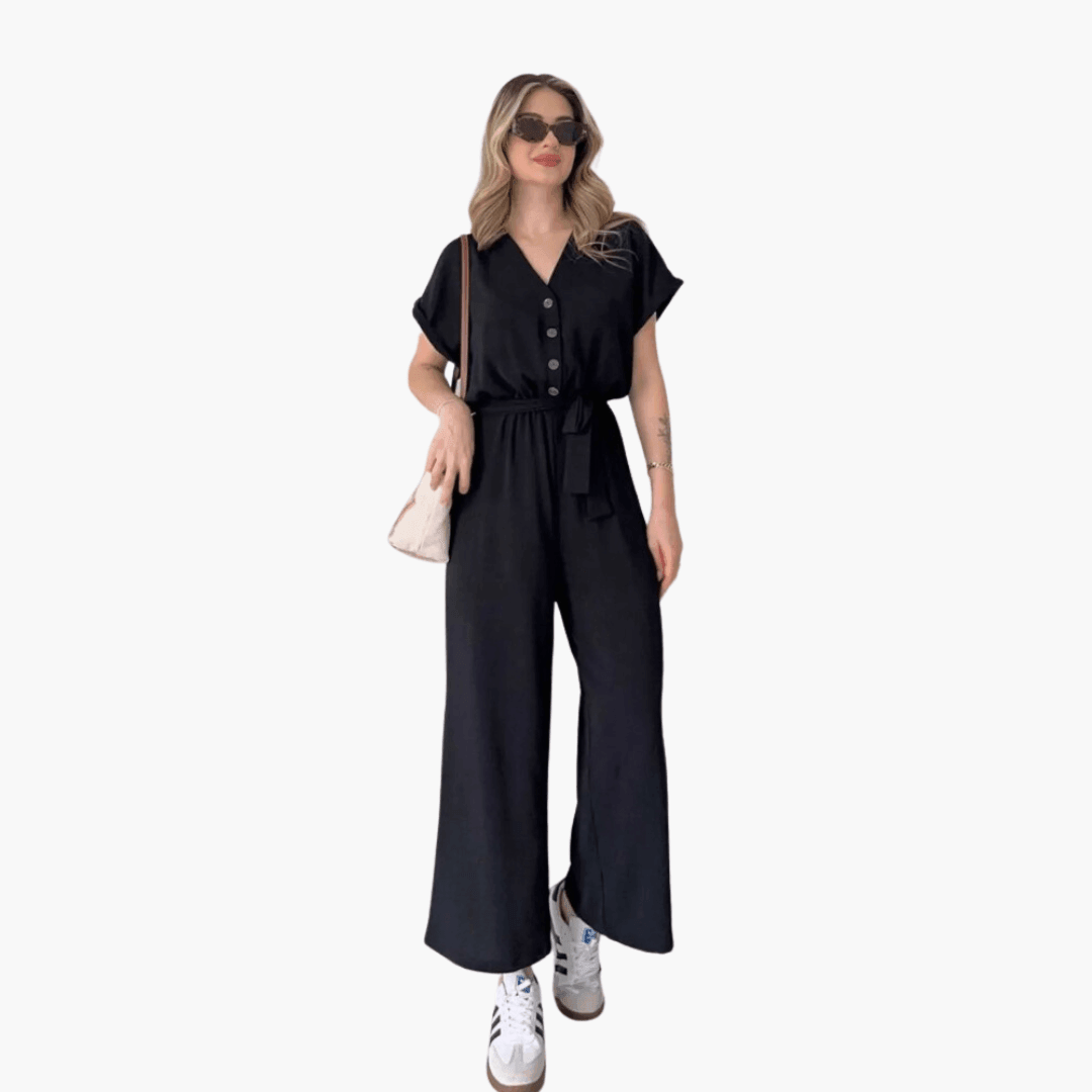 Casual Belted Jumpsuit – Women's V-Neck, Short Sleeve, Wide-Leg - IsabellaMae