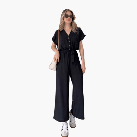 Casual Belted Jumpsuit – Women's V-Neck, Short Sleeve, Wide-Leg - IsabellaMae