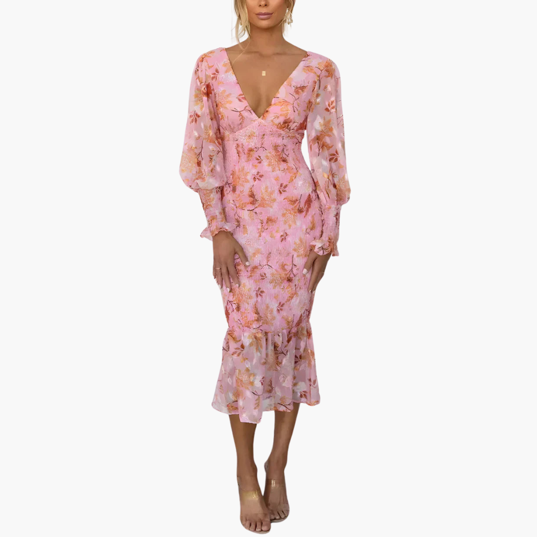 Puff Sleeve Midi Dress for Women - V Neck Floral Style