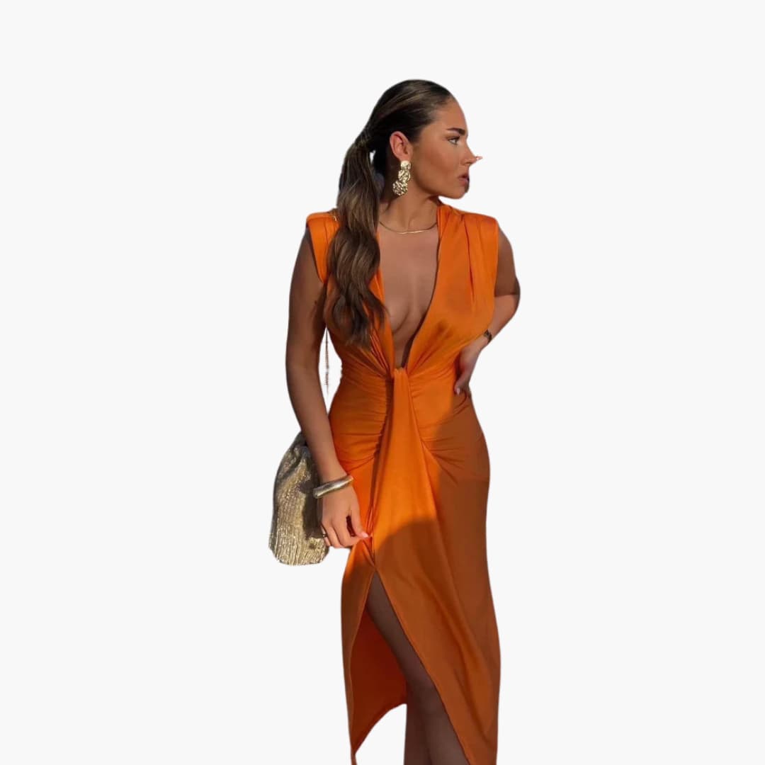 Elegant Pleated Midi Dress - Women's Formal Evening Wear