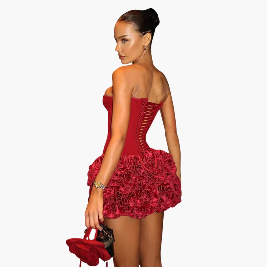 Women’s mini dress with strapless bodice and ruffled skirt