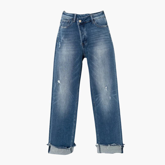 Women’s denim straight leg jeans with high rise and cuffed hems