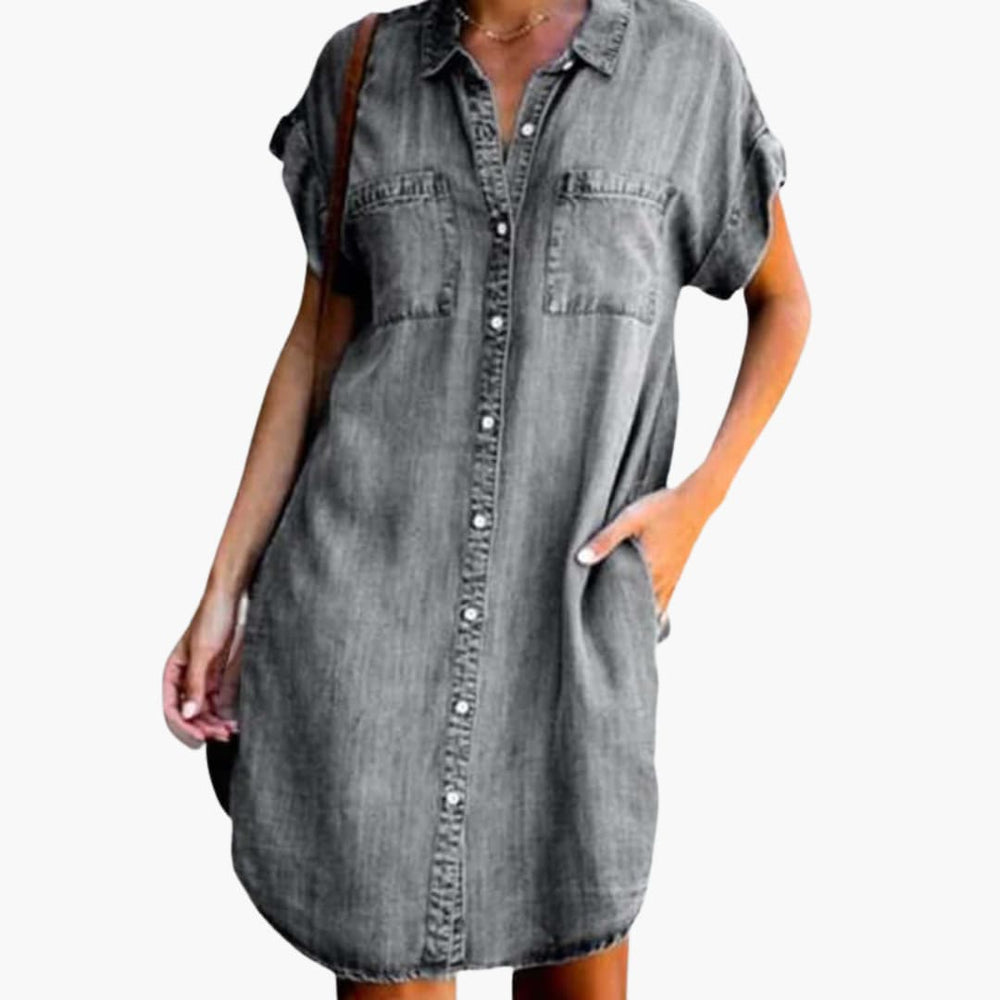 Women’s denim shirt dress with short sleeves and side pockets