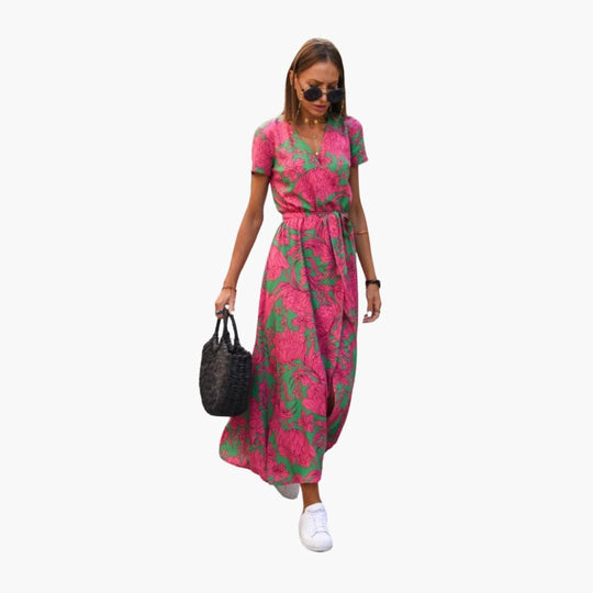 Floral Wrap Midi Dress with Tie Waist - Casual Dress for Women